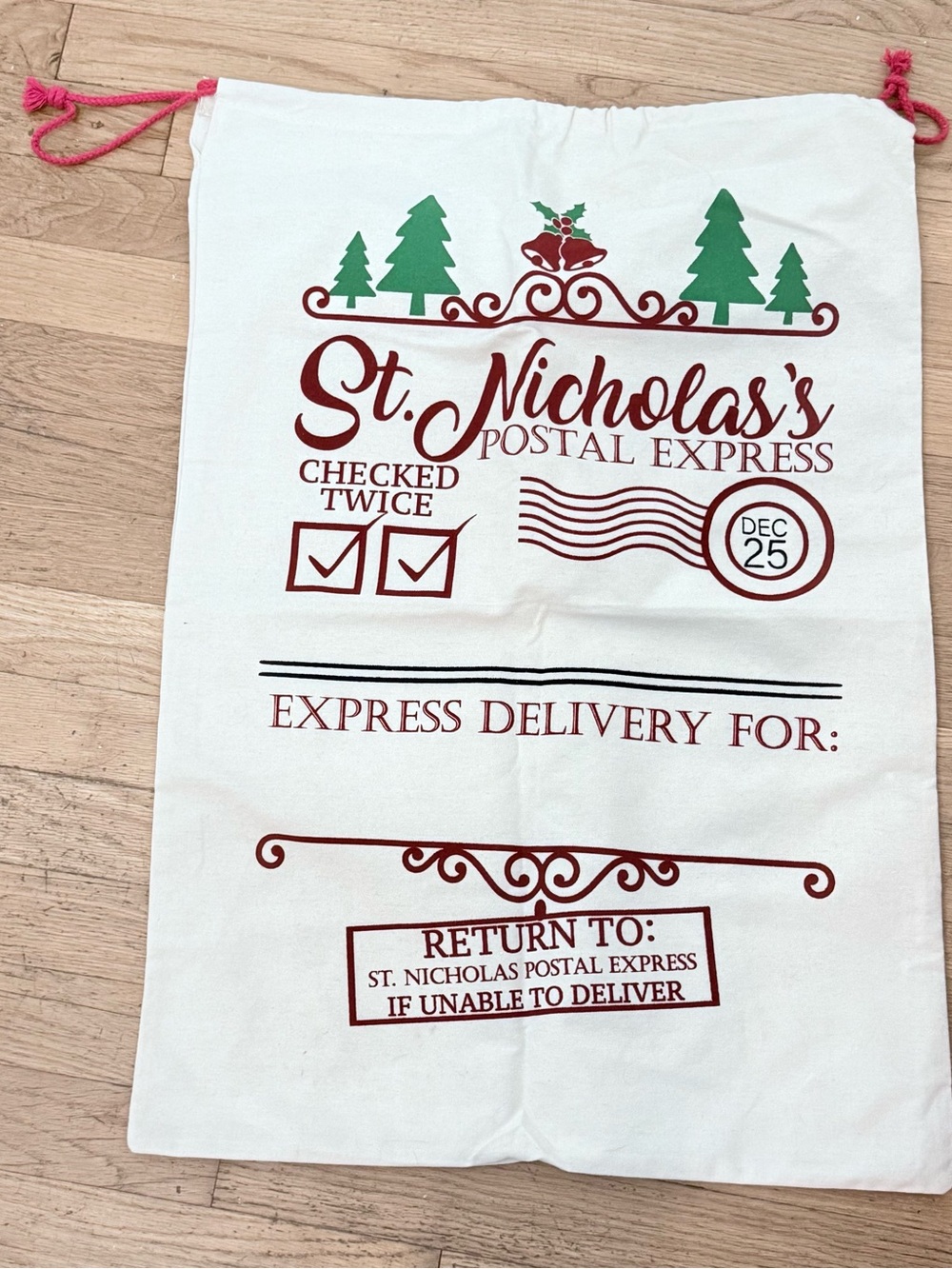 St. Nicholas's Postal Express Holiday Sack - White with Red & Green Print